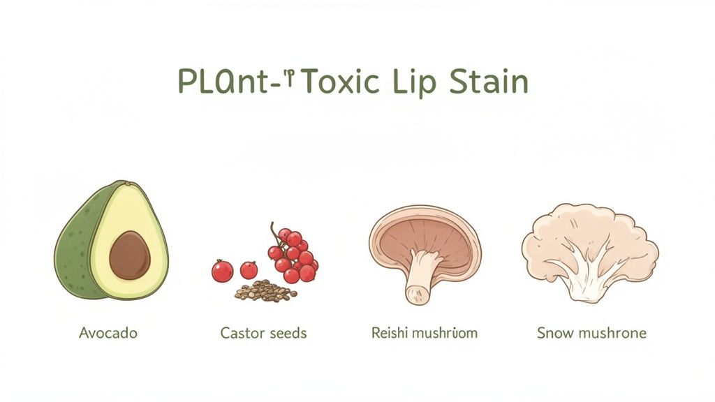Illustrations of avocado, castor seeds, reishi mushroom, and snow mushroom for lip stain ingredients.