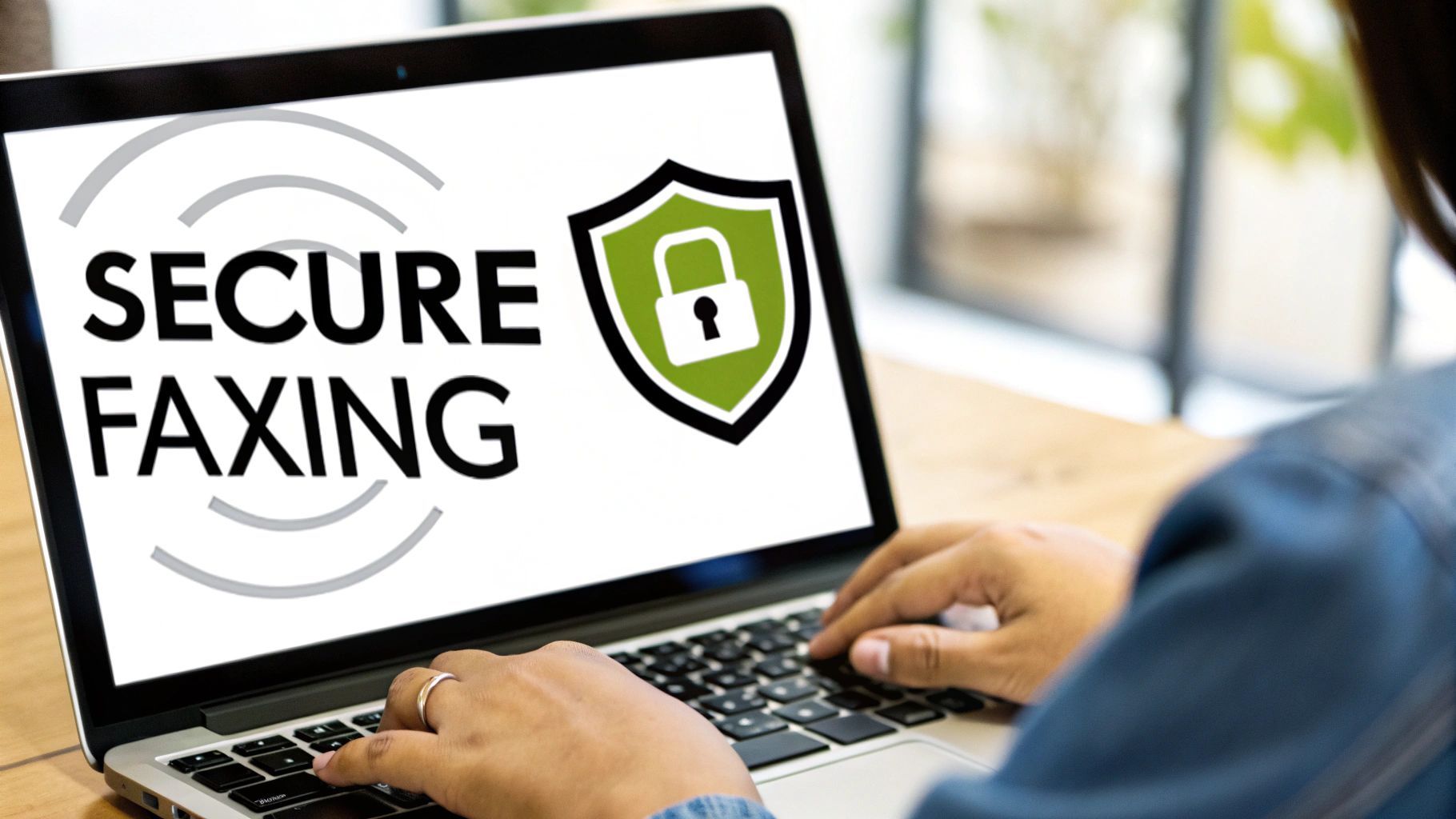 Person using laptop computer for secure faxing with shield and lock icon displayed on screen
