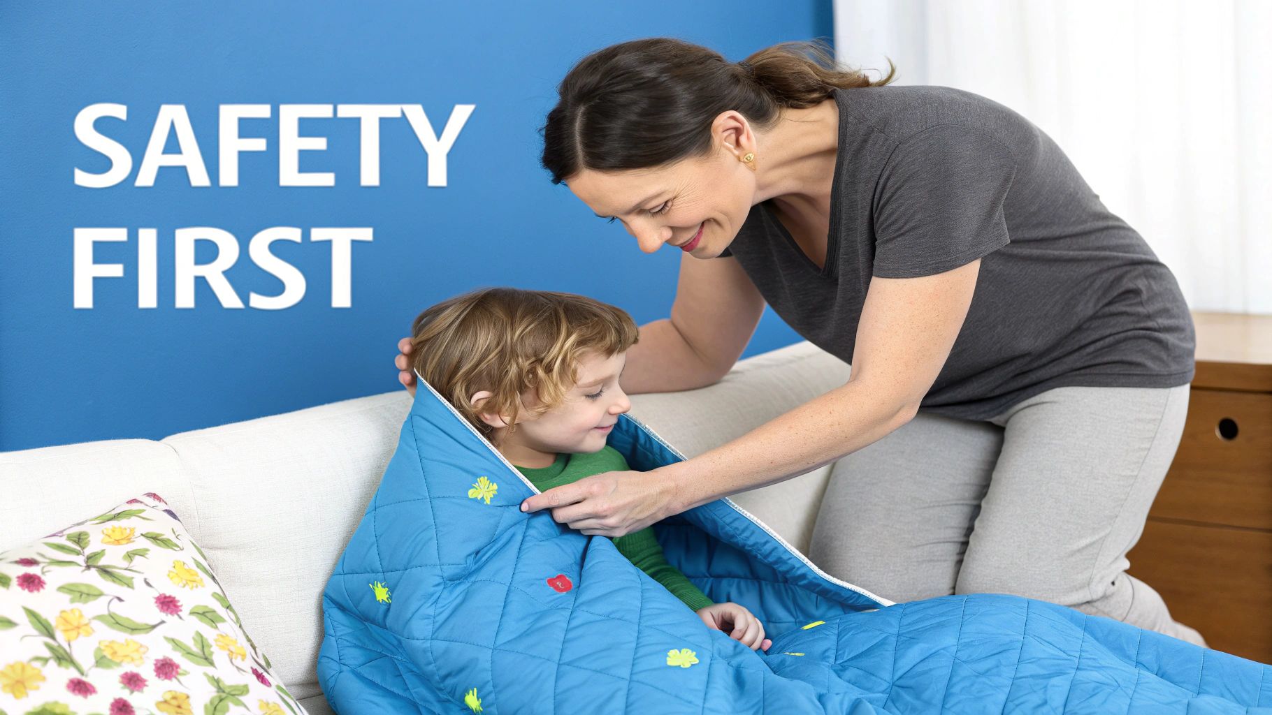 A safety checklist icon is overlaid on a soft, folded weighted blanket, indicating the importance of following guidelines.