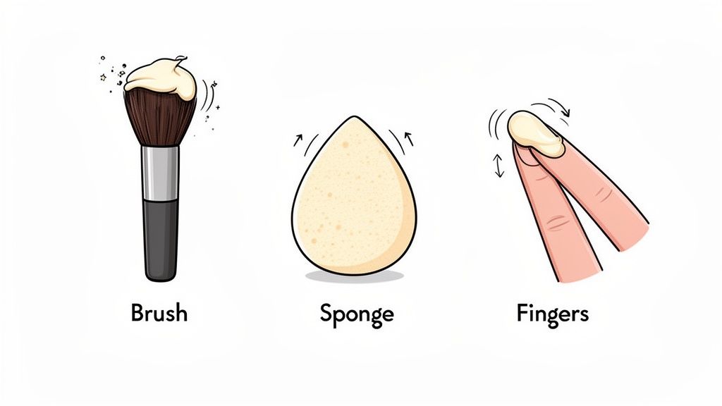Three illustrations show applying cream contour with a makeup brush, sponge, and fingers.