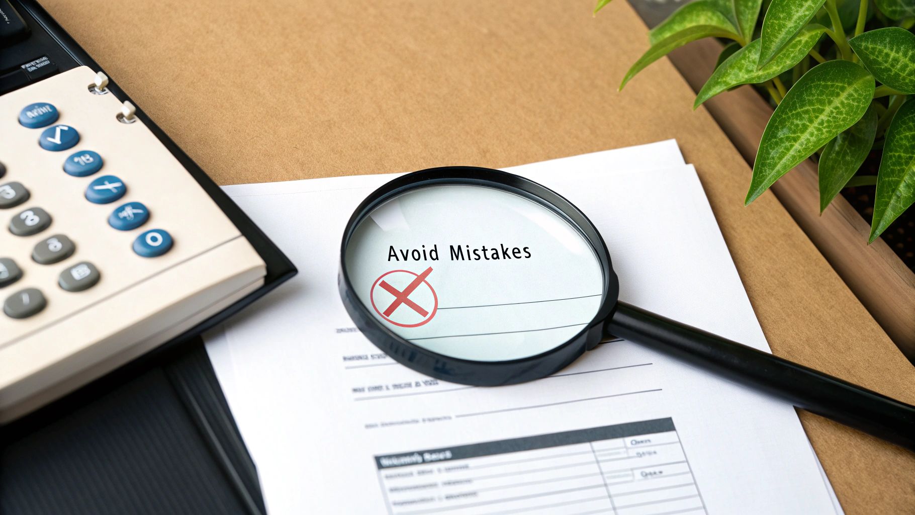 A magnifying glass highlights "Avoid Mistakes" with a red X on a document, next to a calculator.