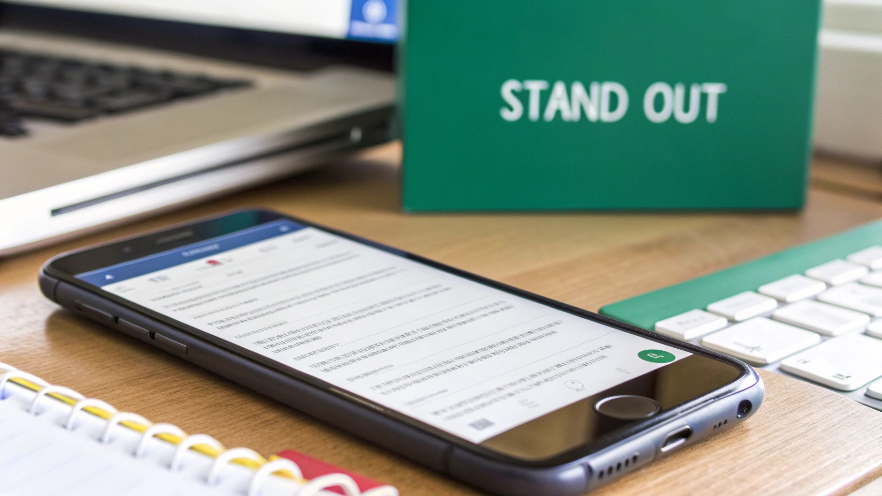 A smartphone displaying text content on a wooden desk, next to a green 'STAND OUT' sign.