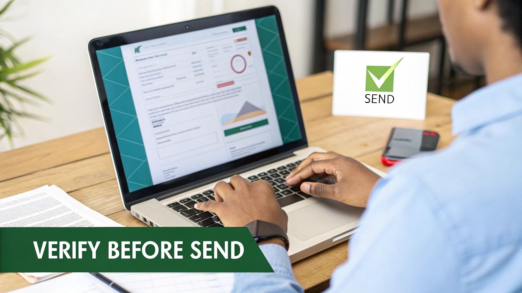 Person typing on a laptop with a 'Verify Before Send' banner and a 'SEND' sign.