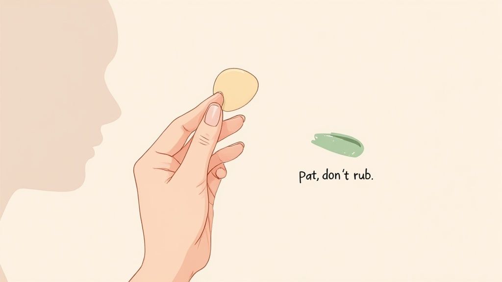 A woman gently patting concealer under her eye with a soft makeup sponge.