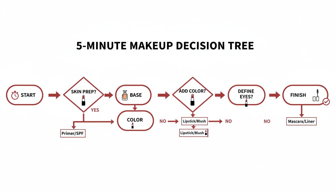 A flowchart outlining a 5-minute makeup decision tree, guiding users through skin prep, base, color, and eye definition.