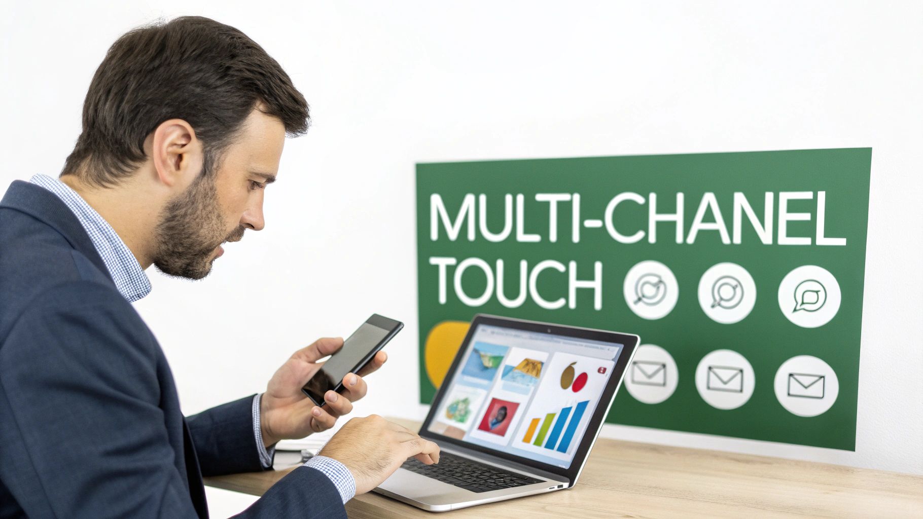 A man uses a laptop and smartphone, analyzing data with a 'MULTI-CHANNEL TOUCH' sign in the background.