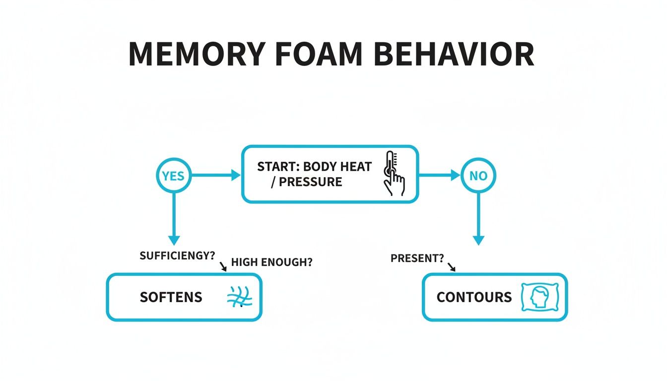 Flowchart illustrating memory foam behavior, showing how body heat and pressure lead to softening or contouring.