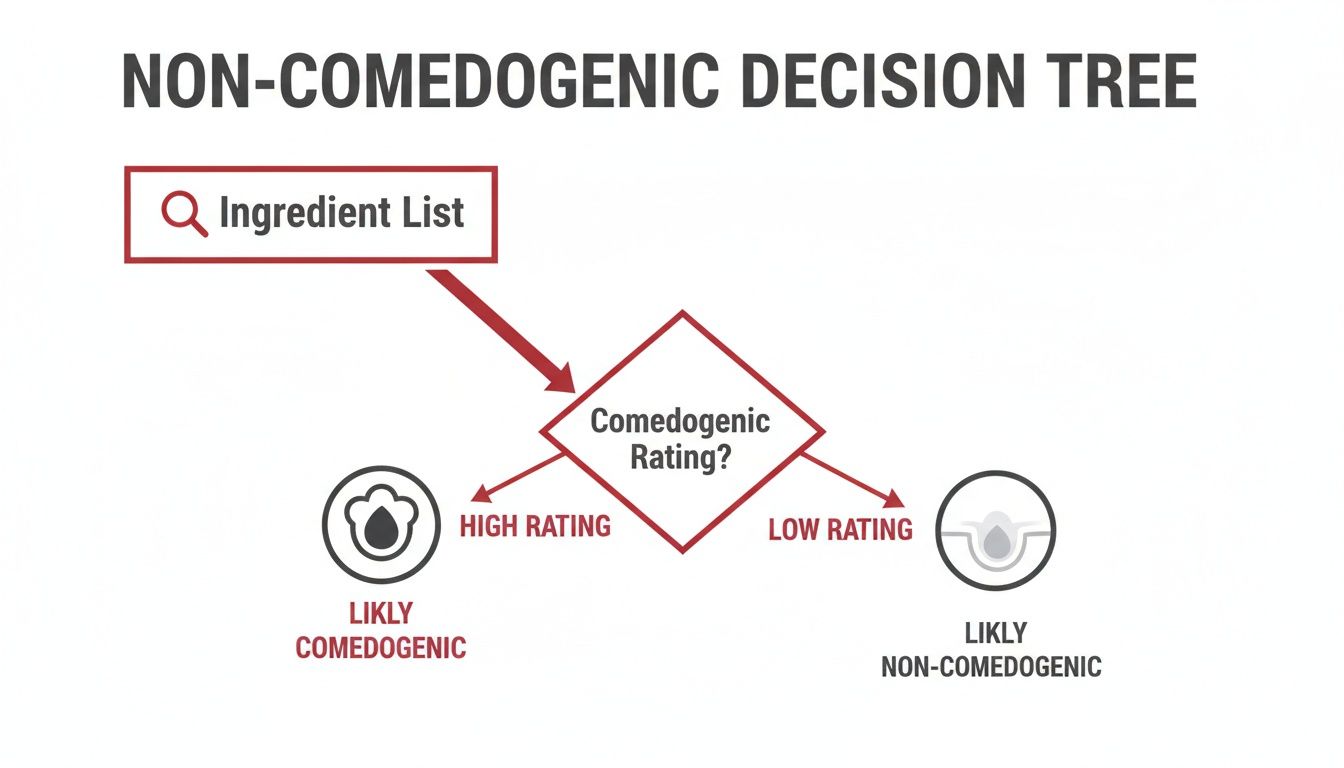 Decision tree illustrating how to determine if an ingredient list is likely comedogenic or non-comedogenic.