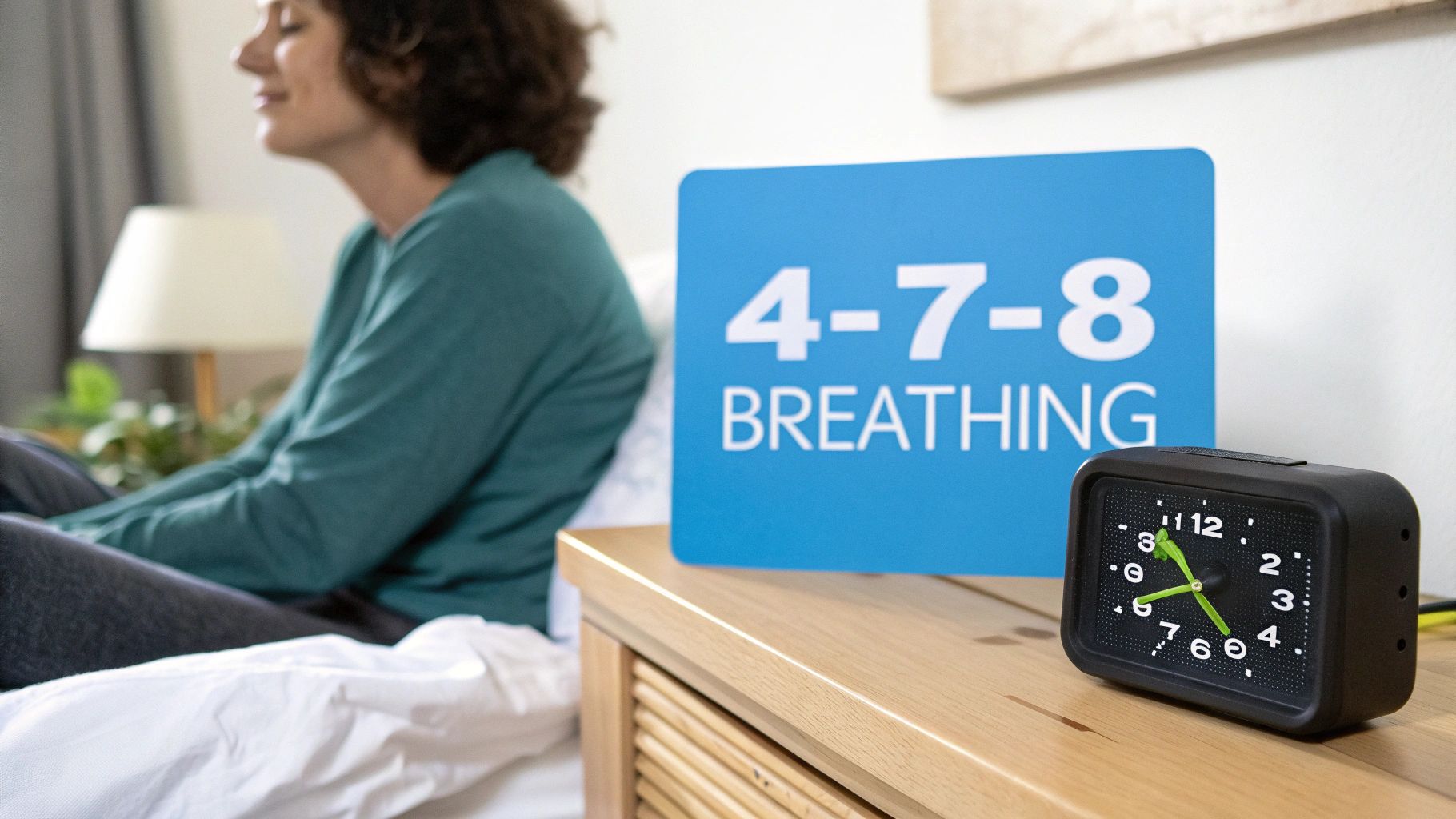 A person practices 4-7-8 breathing exercises in bed, with a sign and an alarm clock on the bedside table.