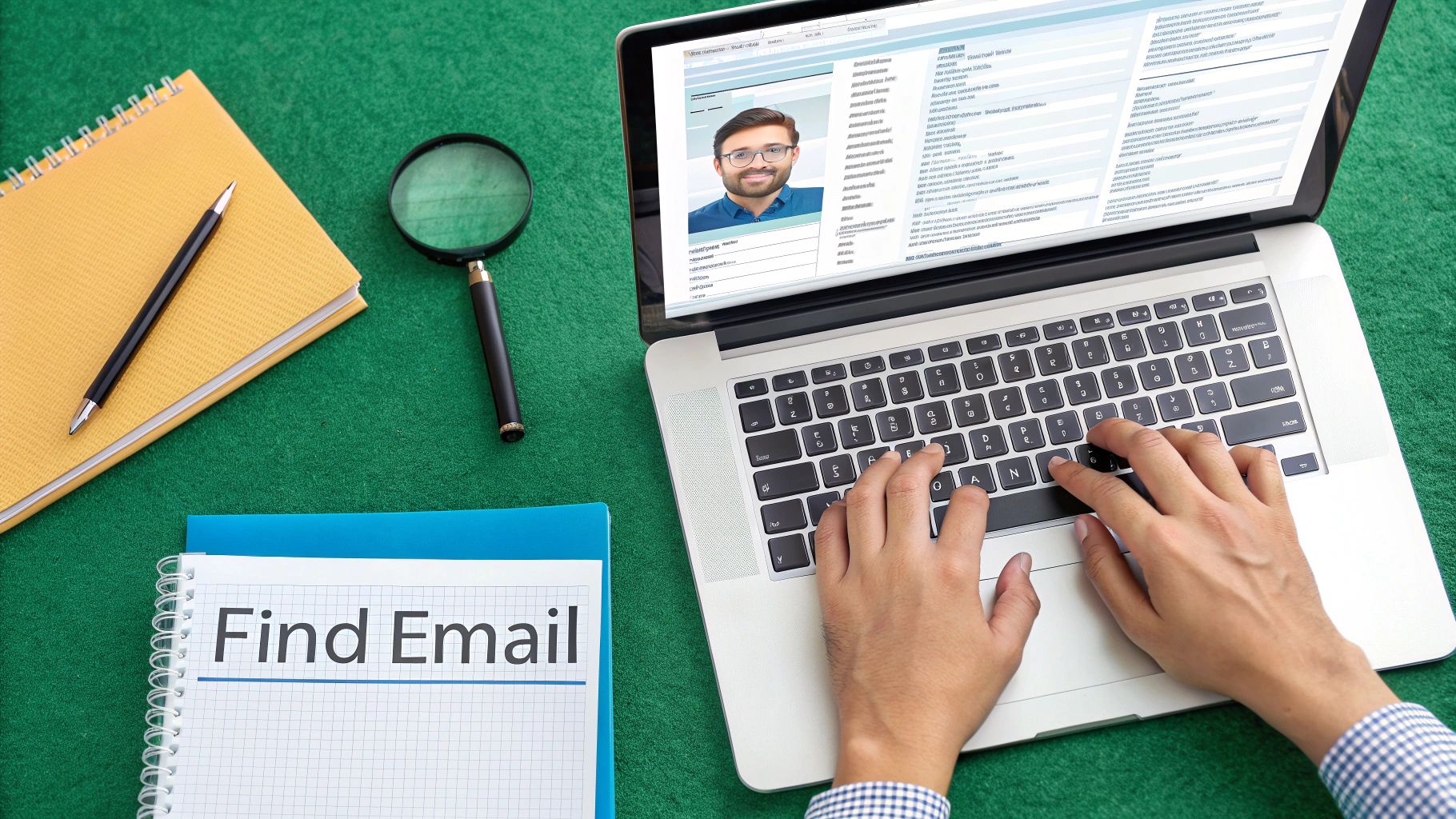 Person typing on a laptop showing a LinkedIn profile, next to a 'Find Email' notebook.