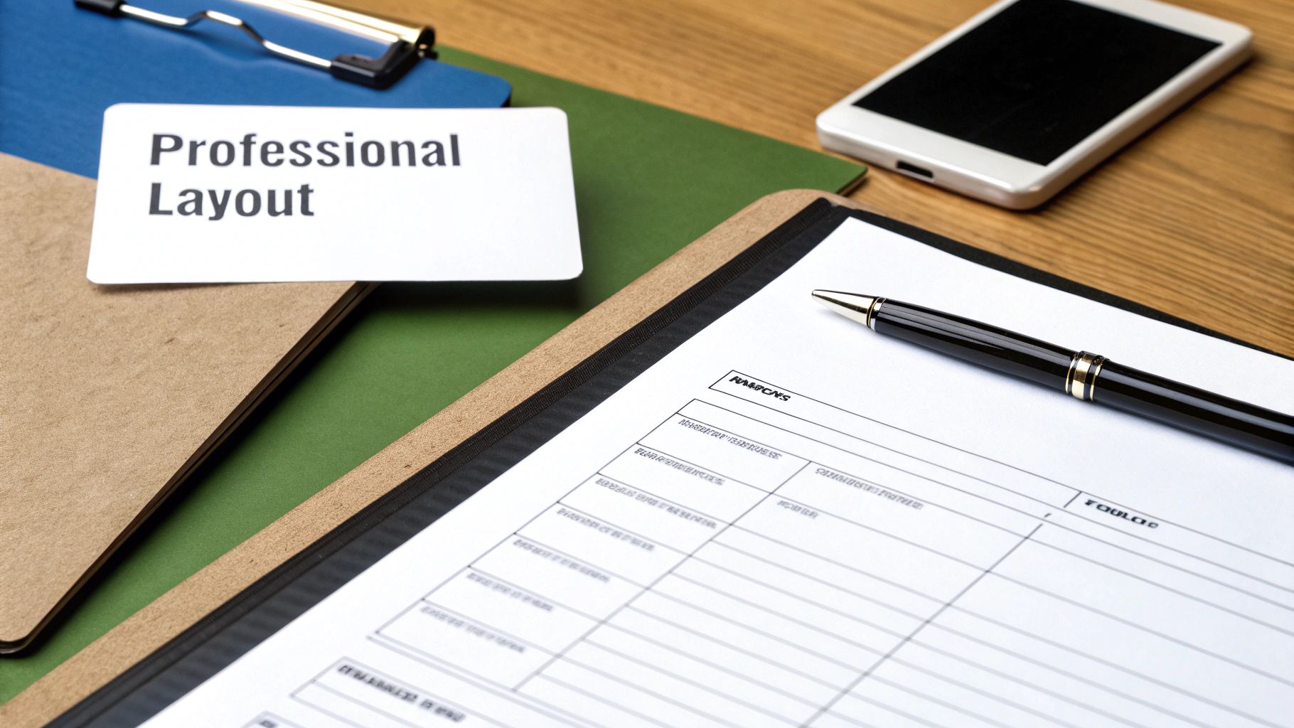 A white card with "Professional Layout" text on a wooden desk with a clipboard, pen, and smartphone.