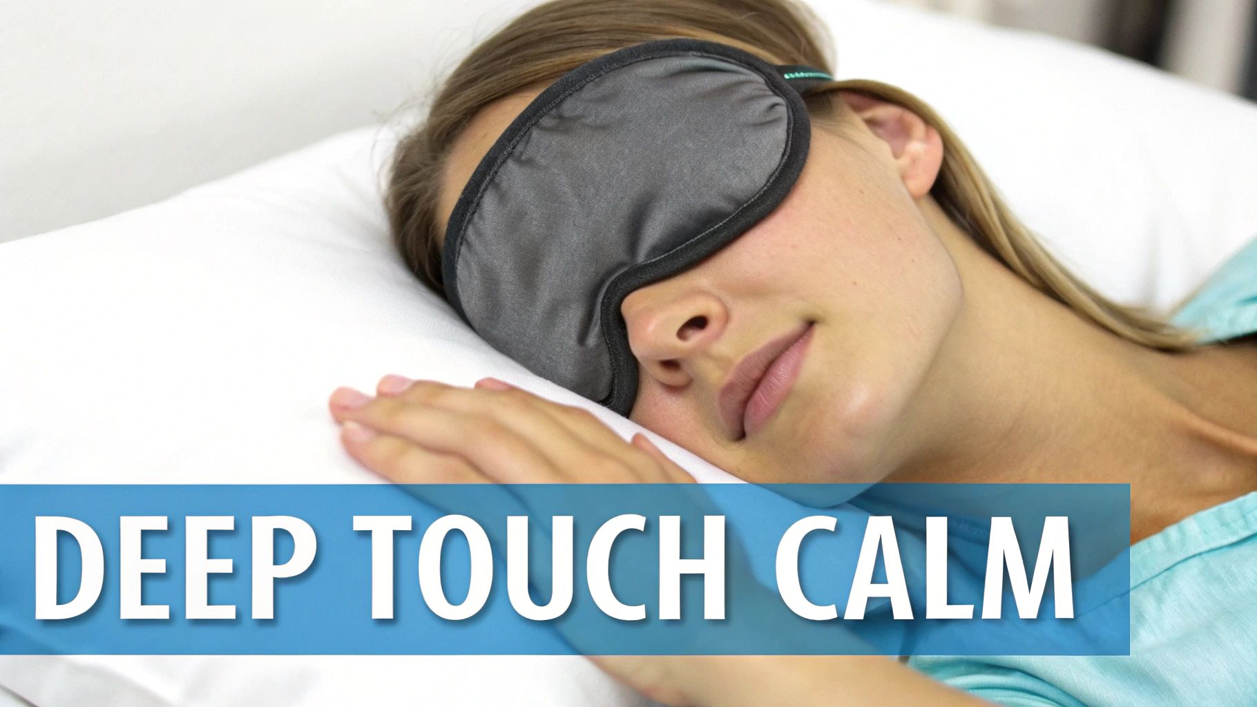 A woman peacefully sleeps on a white pillow wearing a grey weighted eye mask.