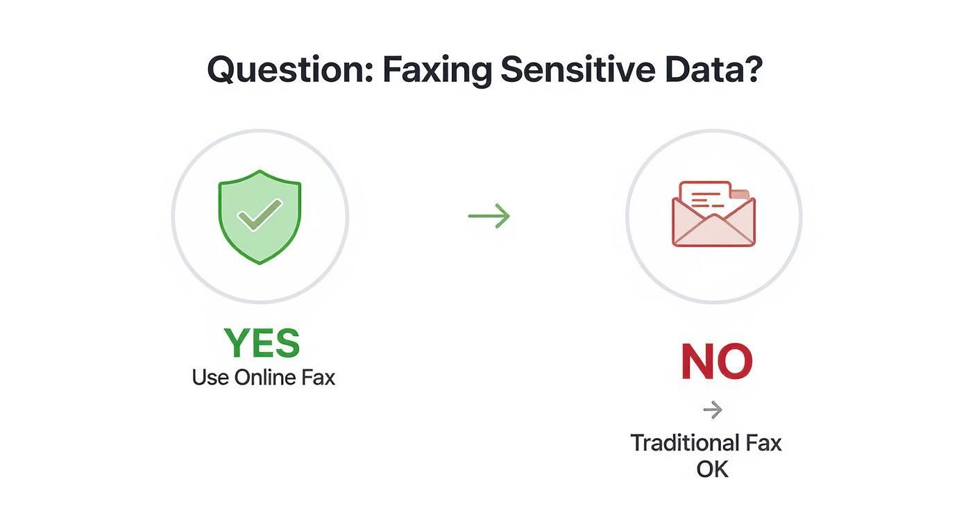 A decision tree showing that if you are faxing sensitive data, you should use online fax, and if not, a traditional fax is okay.