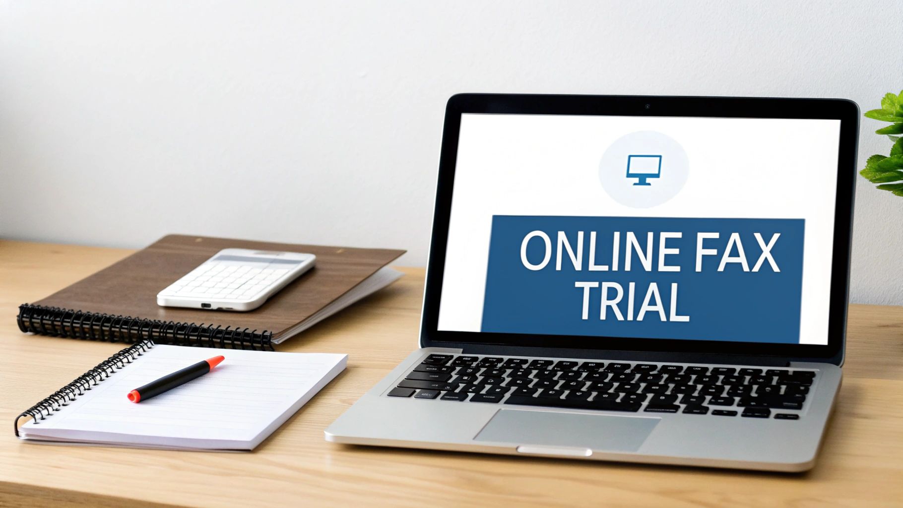 Laptop displaying online fax trial text on screen with notebook and smartphone on wooden desk