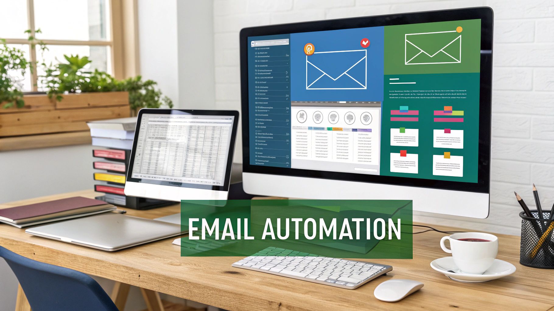 A person at a desk using a laptop with icons representing email automation.