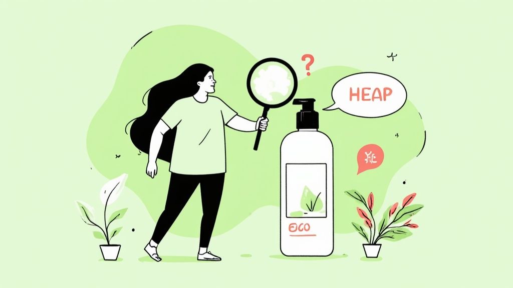 A woman examines an 'ECO' cosmetic bottle with a magnifying glass, questioning its 'HEAP' status.