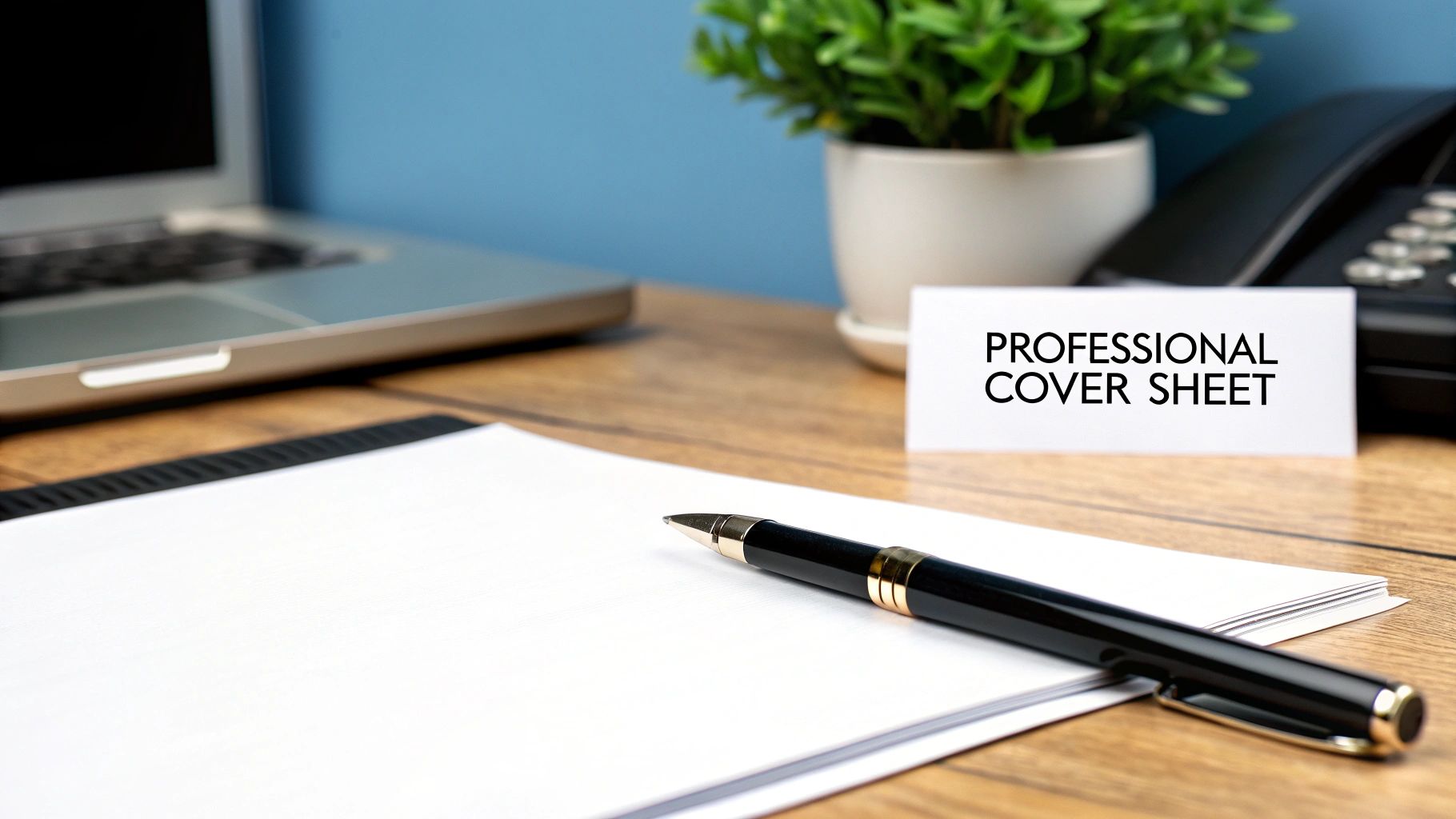 A professional office desk setup with a laptop, a plant, a phone, and a card reading 'Professional Cover Sheet'.