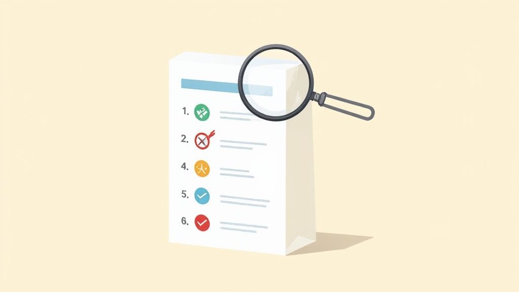 Magnifying glass inspecting a checklist with icons, symbolizing a toxic-free makeup ingredient review.