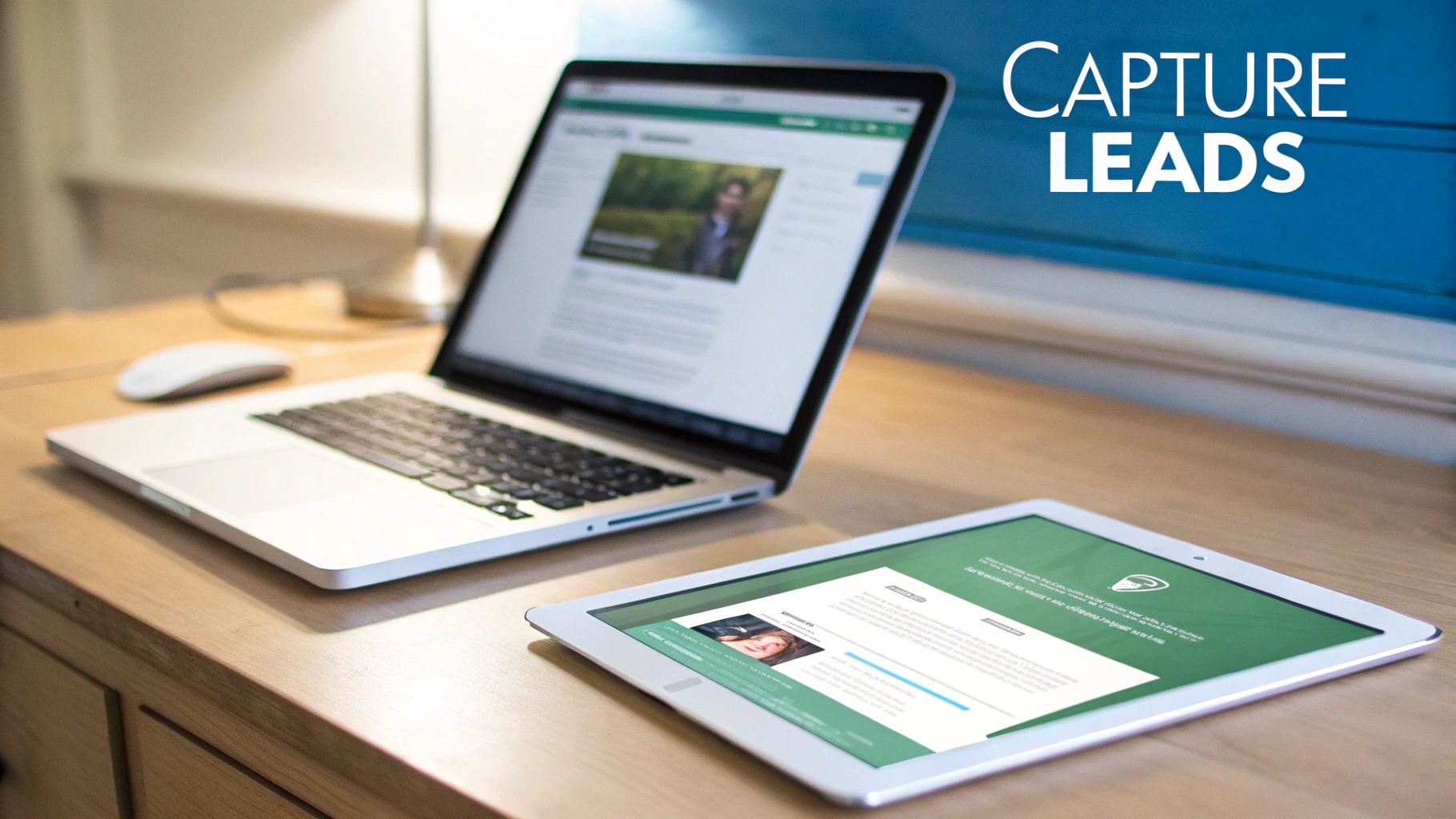 A laptop and tablet on a wooden desk displaying lead capture forms, with text 'CAPTURE LEADS'.