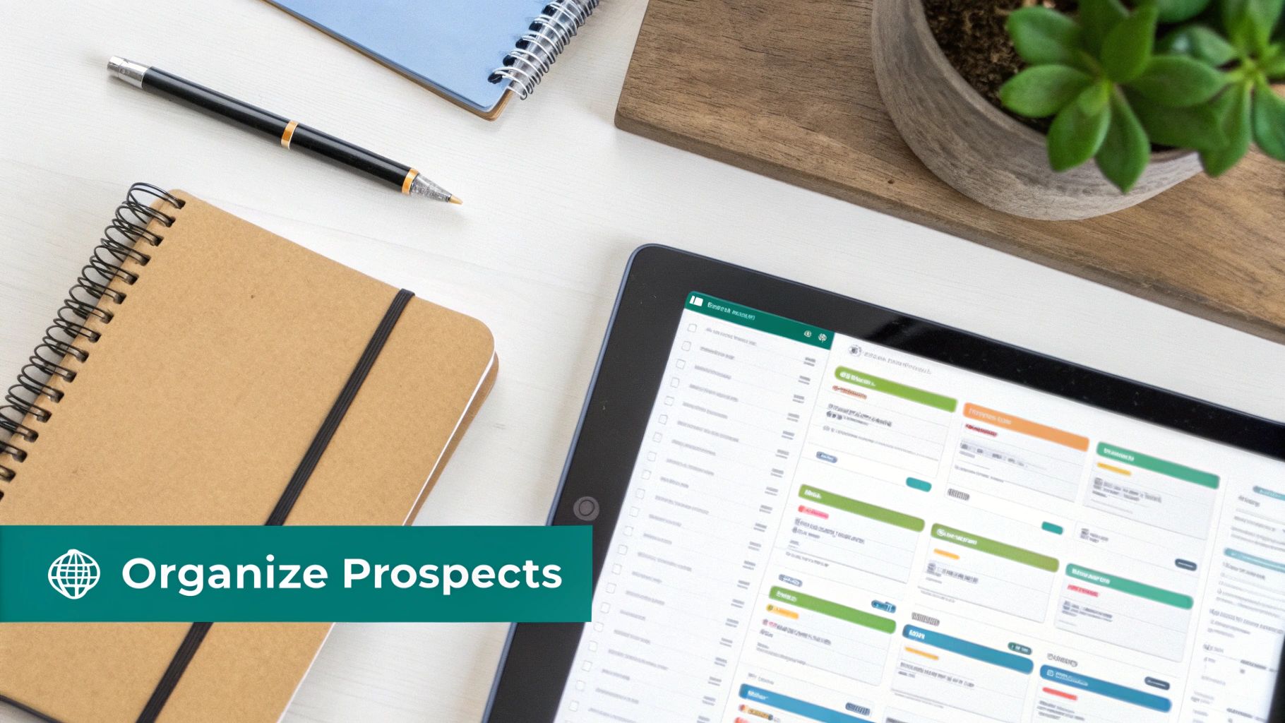 Flat lay of a desk with notebooks, a pen, a plant, and a tablet displaying a prospects organization interface.