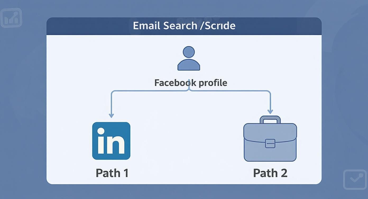 Flowchart showing Facebook profile connecting to LinkedIn and professional work paths for email discovery