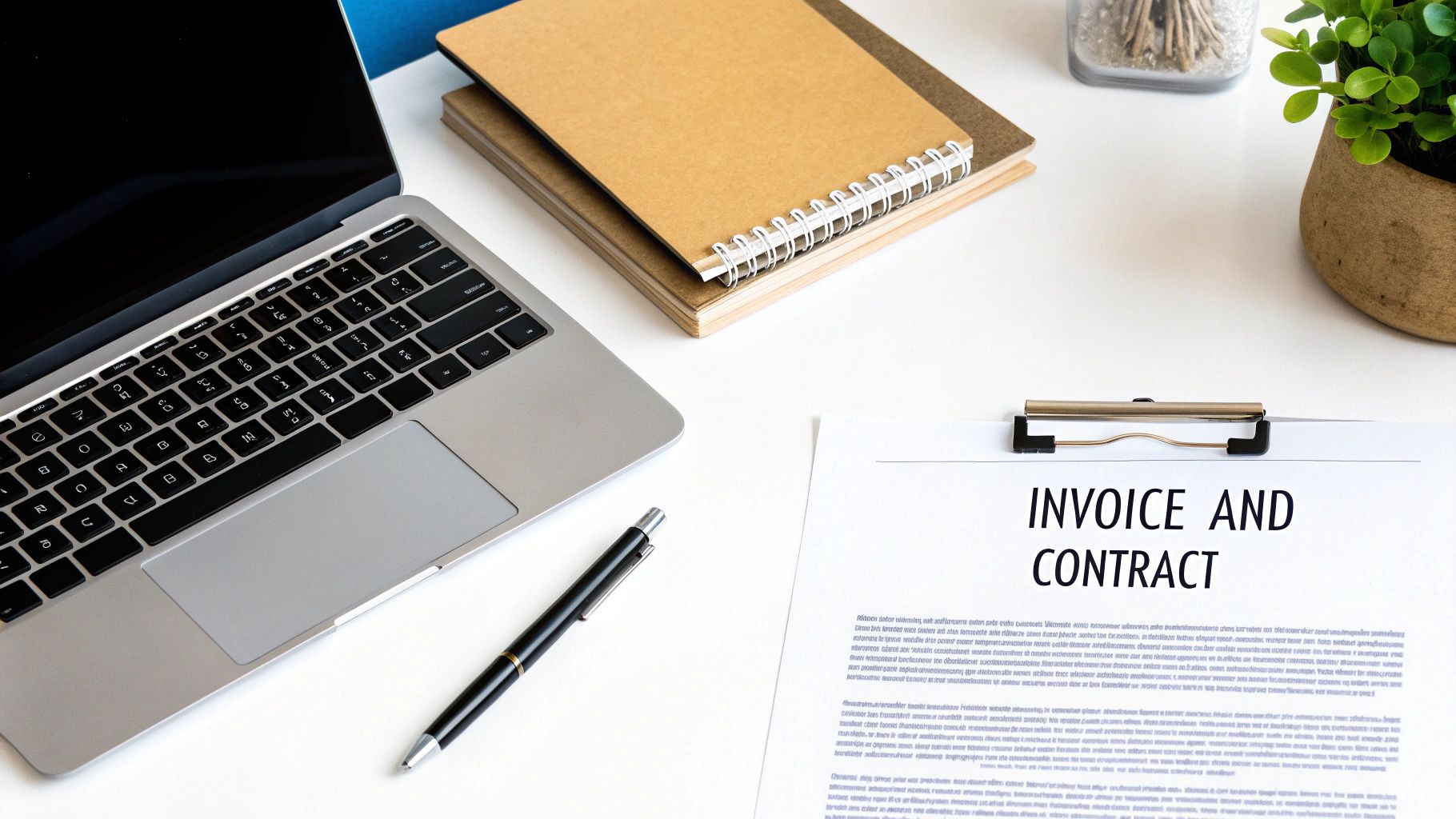 A modern business desk with a laptop, notebooks, pen, and an invoice and contract document.