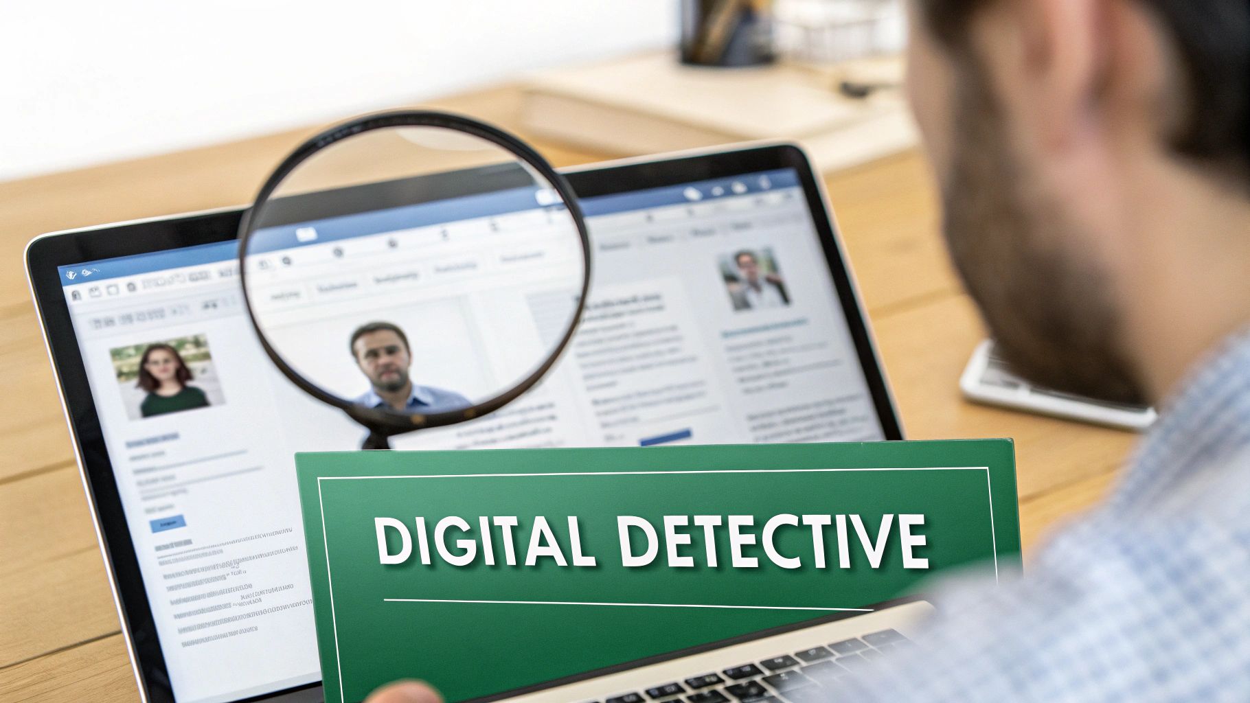 A person using a laptop with magnifying glass icons, representing a search.