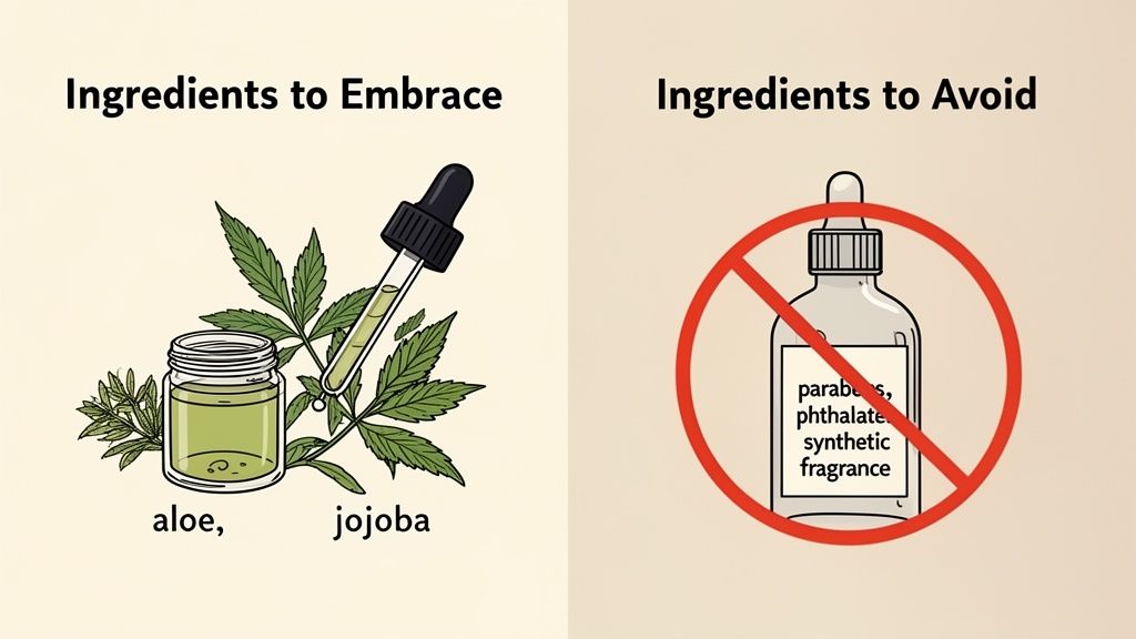 Skincare guide: embrace natural ingredients like aloe and jojoba; avoid parabens, phthalates, synthetic fragrance.