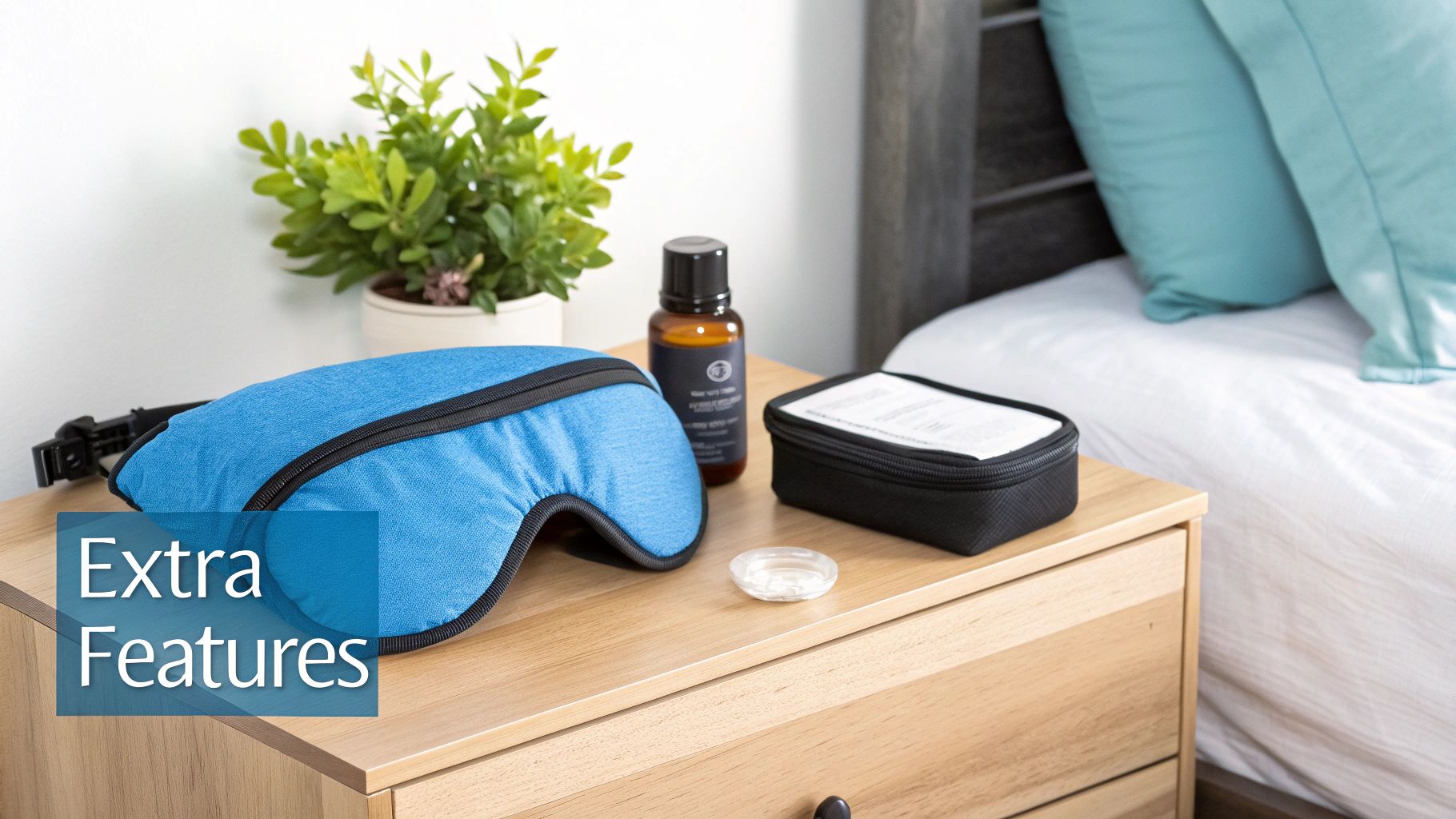 Person relaxing with a sleep mask that has a travel pouch next to them