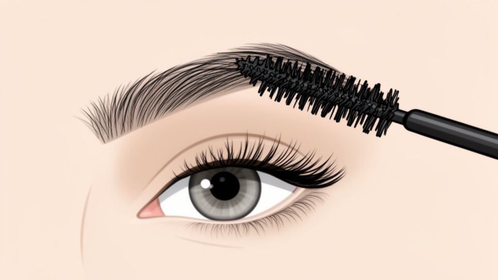 An illustration showing a close-up of an eye with a mascara wand brushing a groomed eyebrow.