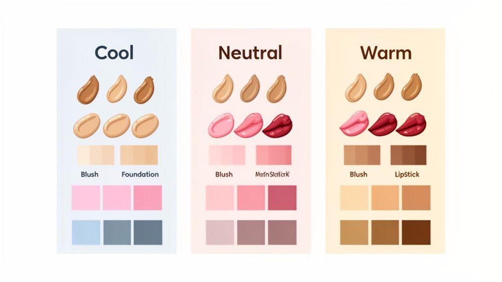 Color palette guide for cool, neutral, and warm skin undertones, showing foundation, blush, and lipstick shades.