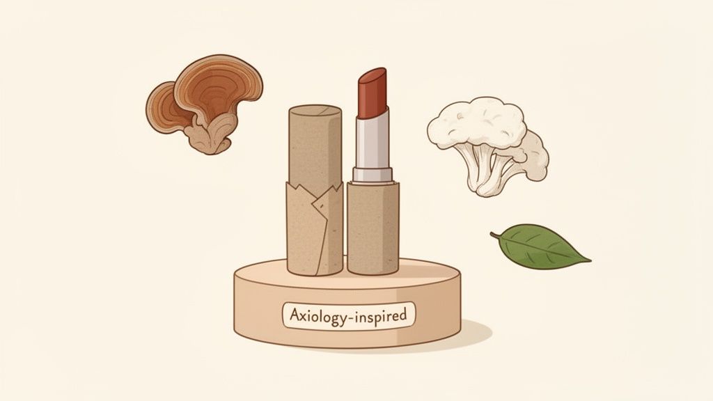 Axiology-inspired natural lipstick made from cardboard with mushrooms, cauliflower, and a leaf.