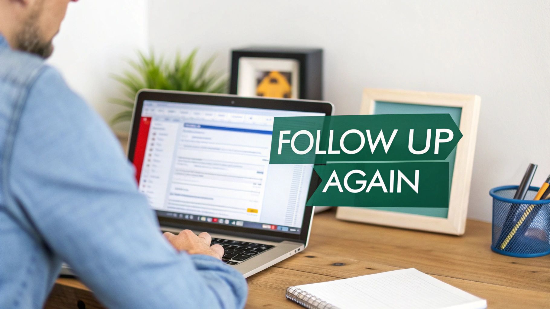 A person works on a laptop showing an email, with a 'FOLLOW UP AGAIN' graphic highlighting communication.