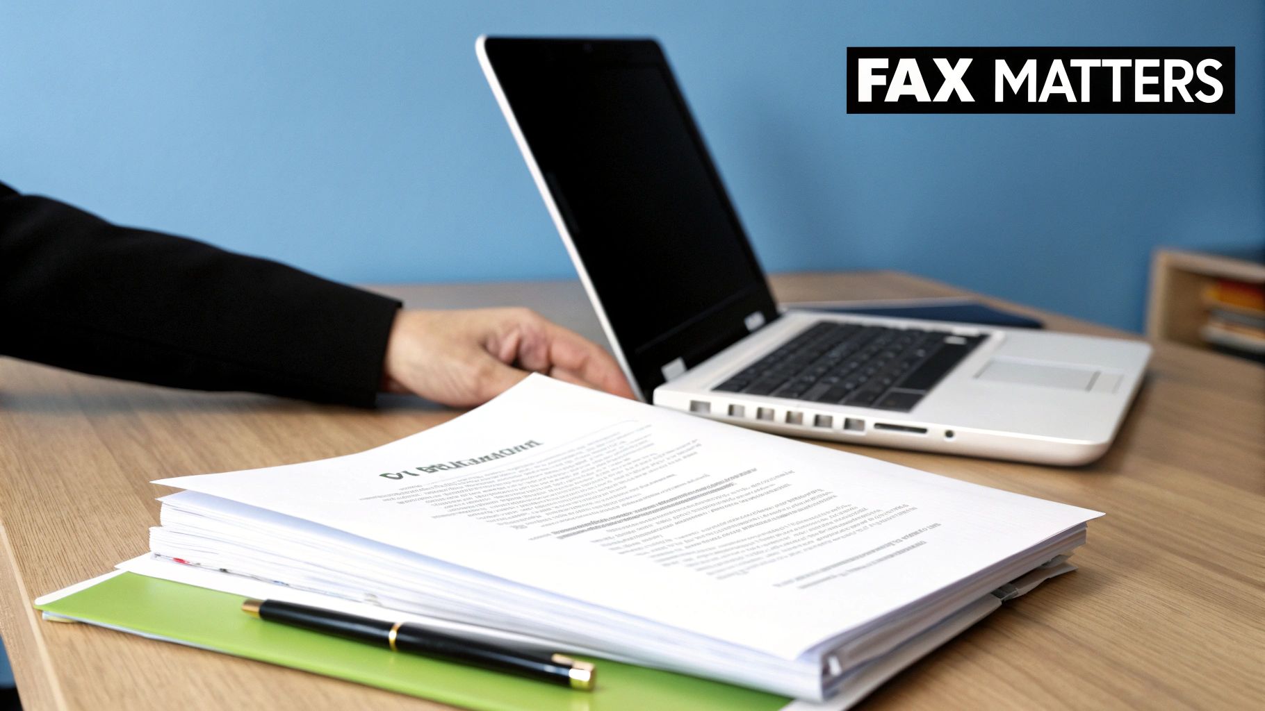 A person's hand near a laptop and stacked documents on a wooden desk, with 'FAX MATTERS' overlay.