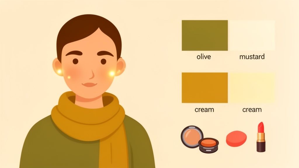 An illustration of a person with warm undertones, showing olive, mustard, and cream color palettes, and makeup.