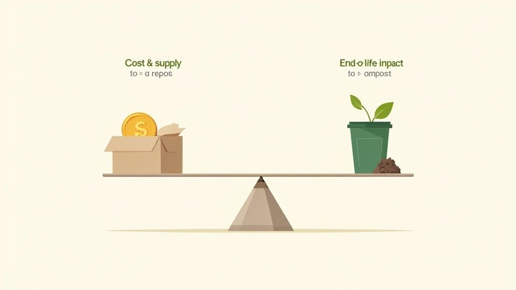 A balance scale weighing the cost and supply of packaging against its end-of-life impact like composting.