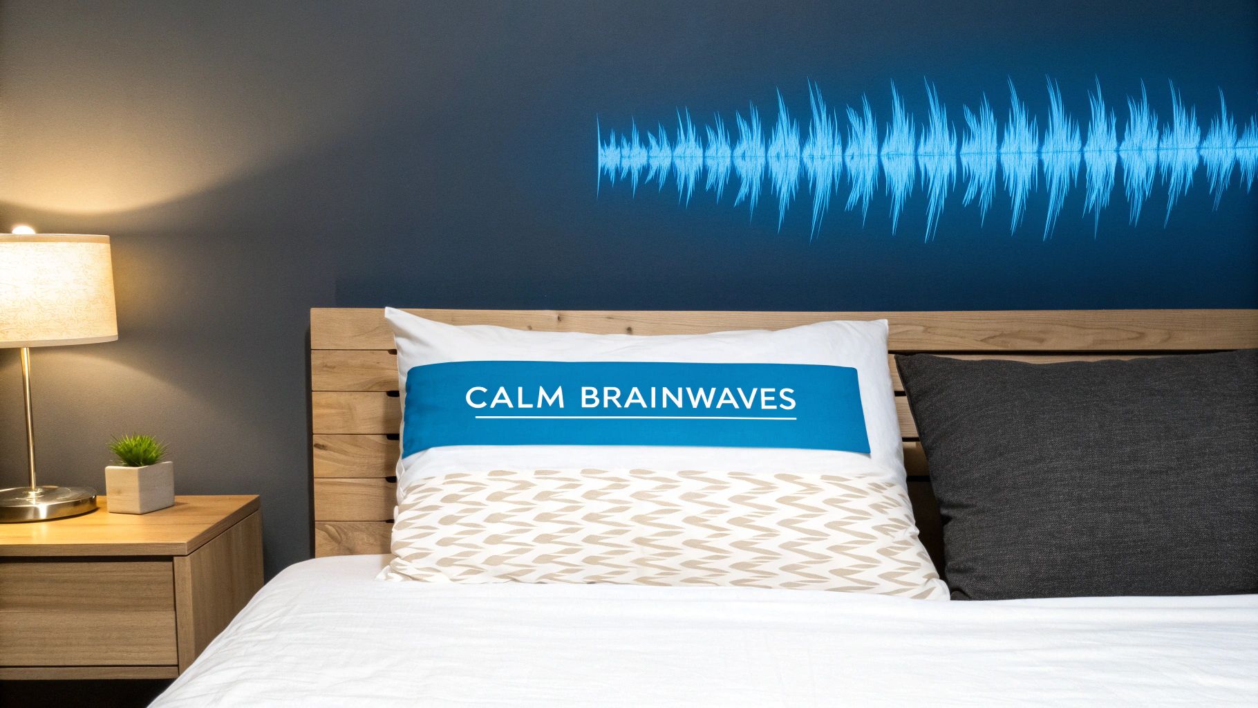 A cozy bedroom with a 'Calm Brainwaves' pillow, bedside lamp, and a blue soundwave on the wall.