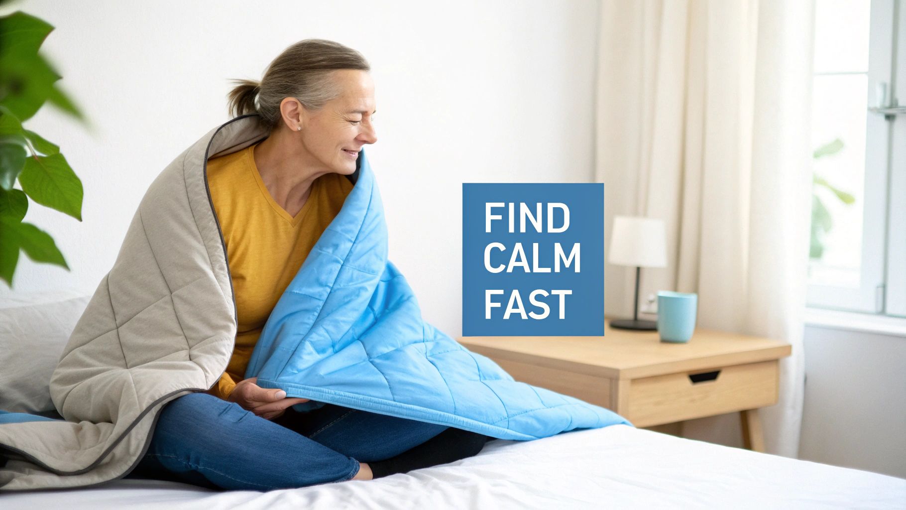 A serene woman on a bed wrapped in a weighted blanket, finding comfort and peace.