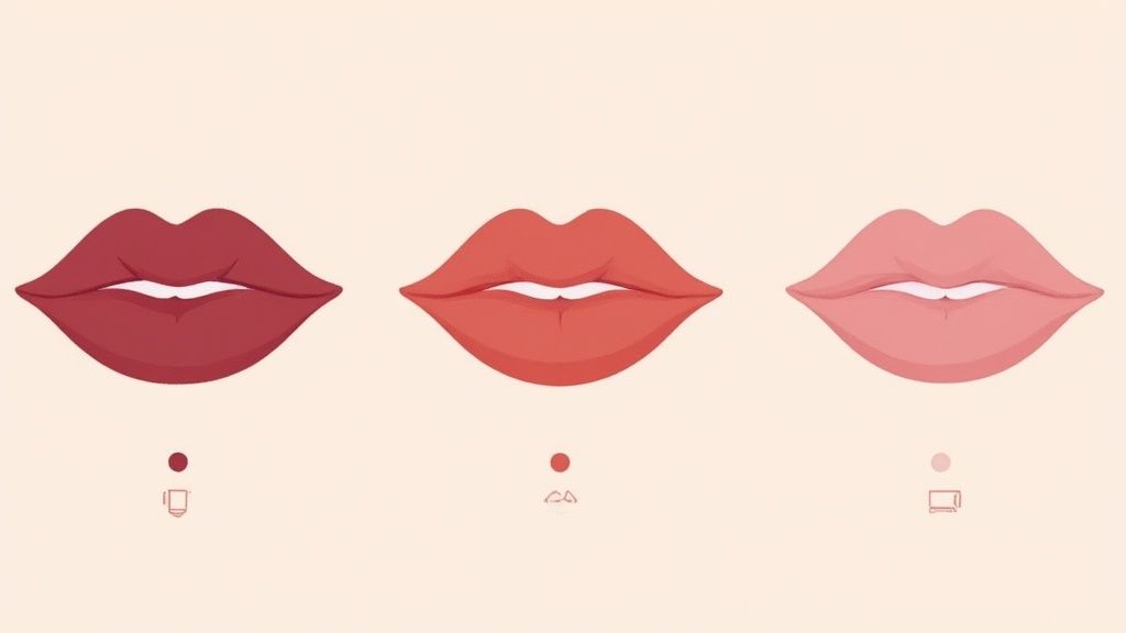 Three pairs of lips showcasing different vegan tinted lip balm shades: deep red, coral, and light pink.