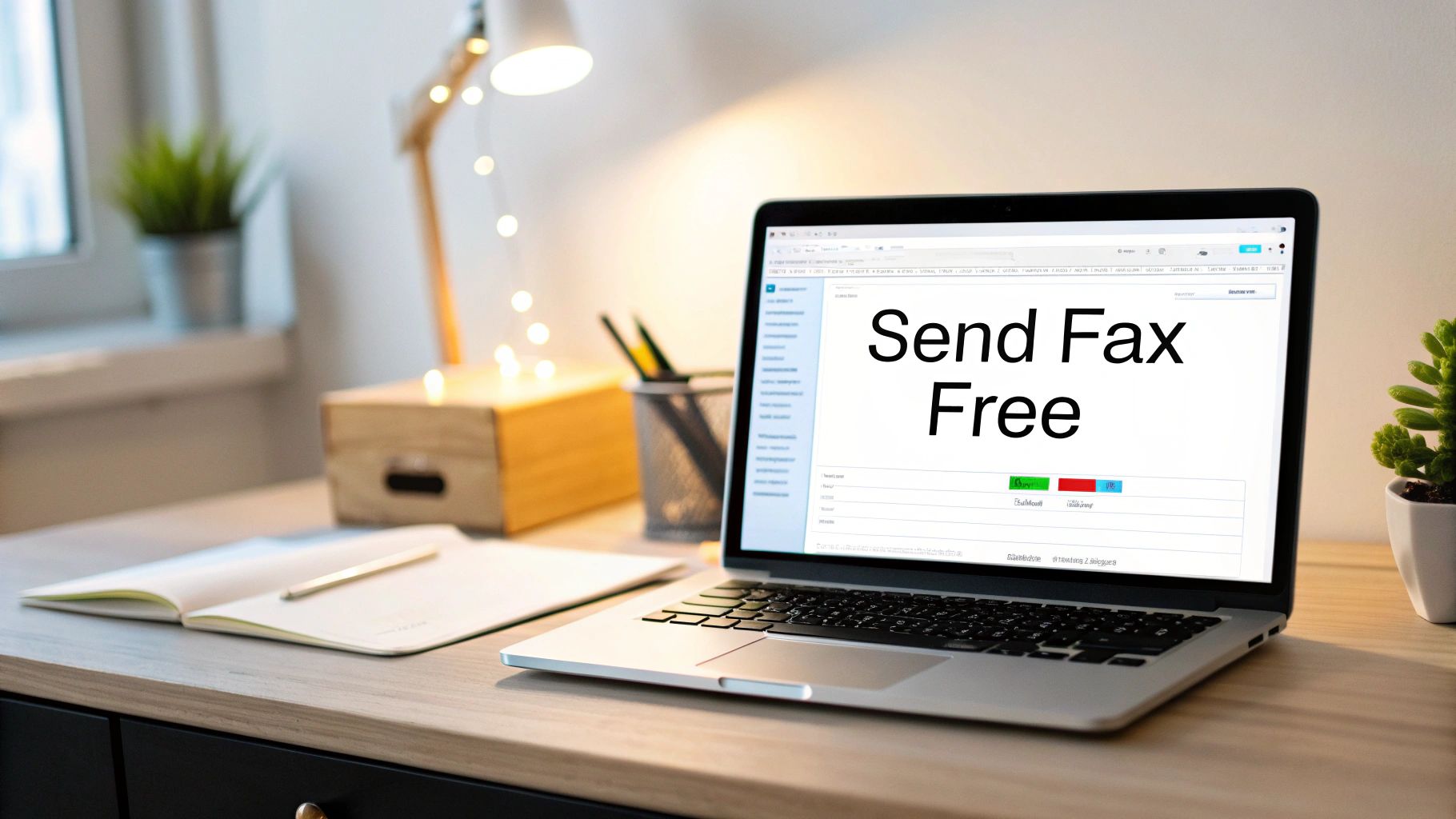 A laptop displaying 'Send Fax Free' on its screen sits on a wooden desk with office supplies.