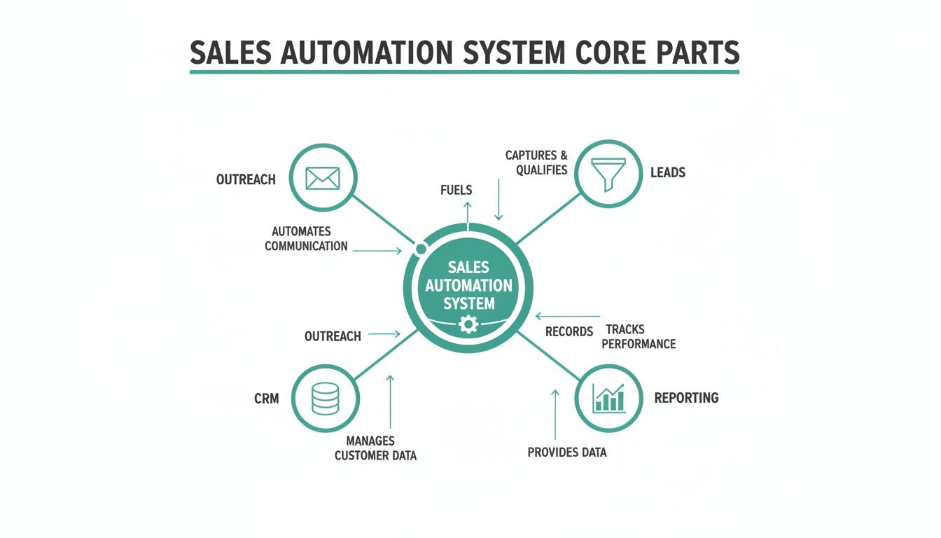 Diagram illustrating the core parts of a sales automation system, including outreach, leads, CRM, and reporting.
