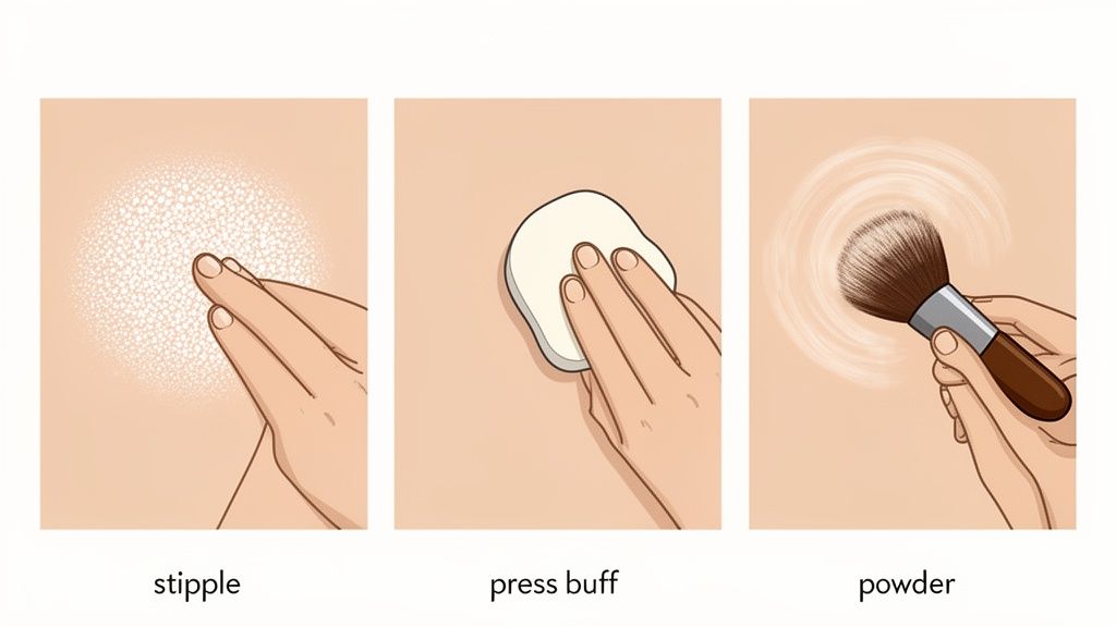 Three illustrations show makeup application: stippling with fingers, press buffing with a sponge, and powdering with a brush.