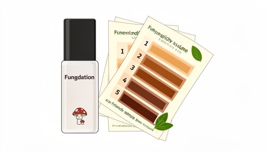 A bottle of "Fungdation" foundation next to a stack of eco-friendly skin tone shade cards.
