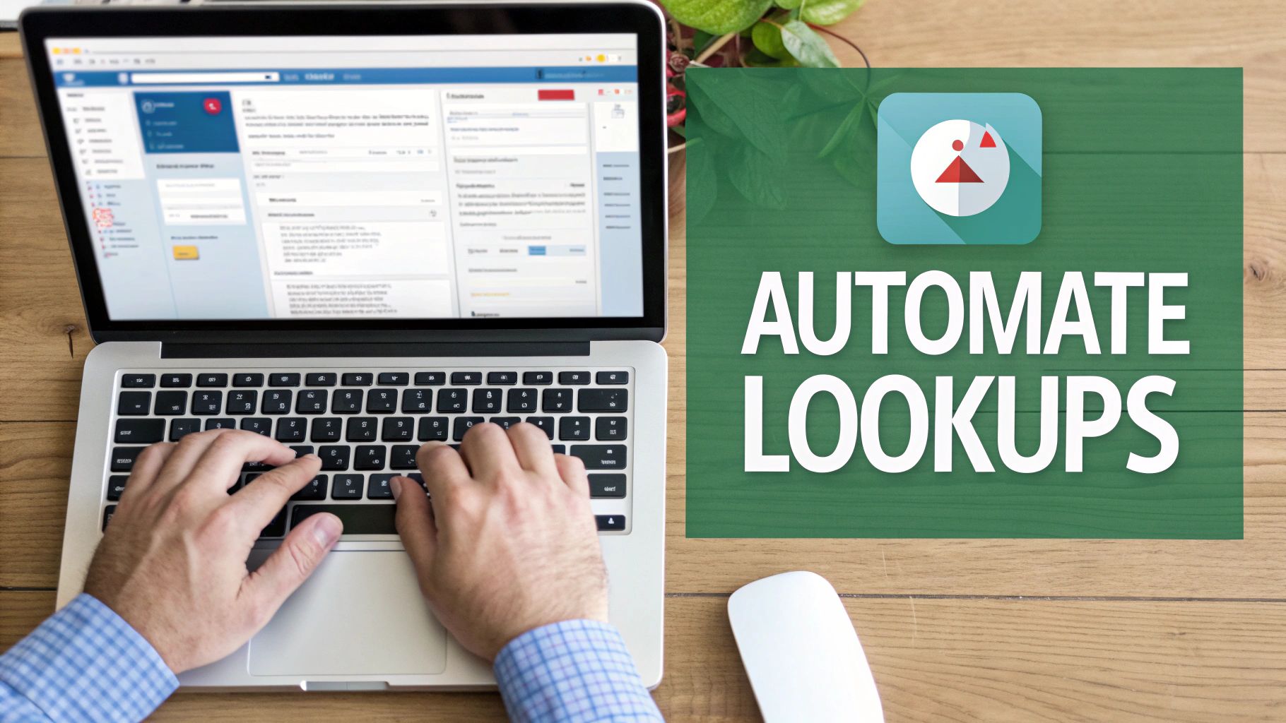 Hands typing on a laptop displaying a web application, alongside a graphic advertising 'AUTOMATE LOOKUPS'.