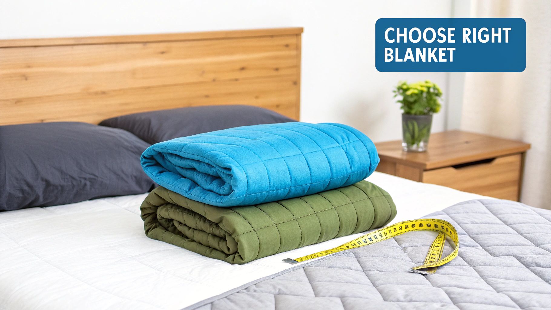 Two quilted blankets, blue and green, stacked on a bed with a measuring tape, for choosing the right blanket.