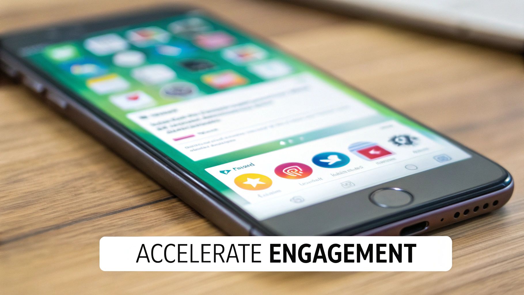 A smartphone displaying app icons and notifications on a wooden table, emphasizing digital engagement.