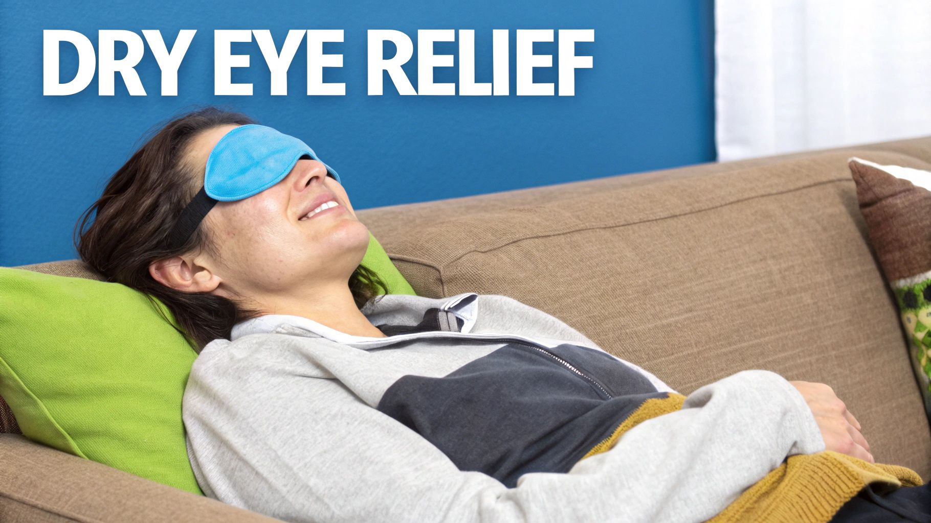 A person applying a warm eye compress, looking relaxed and comfortable.