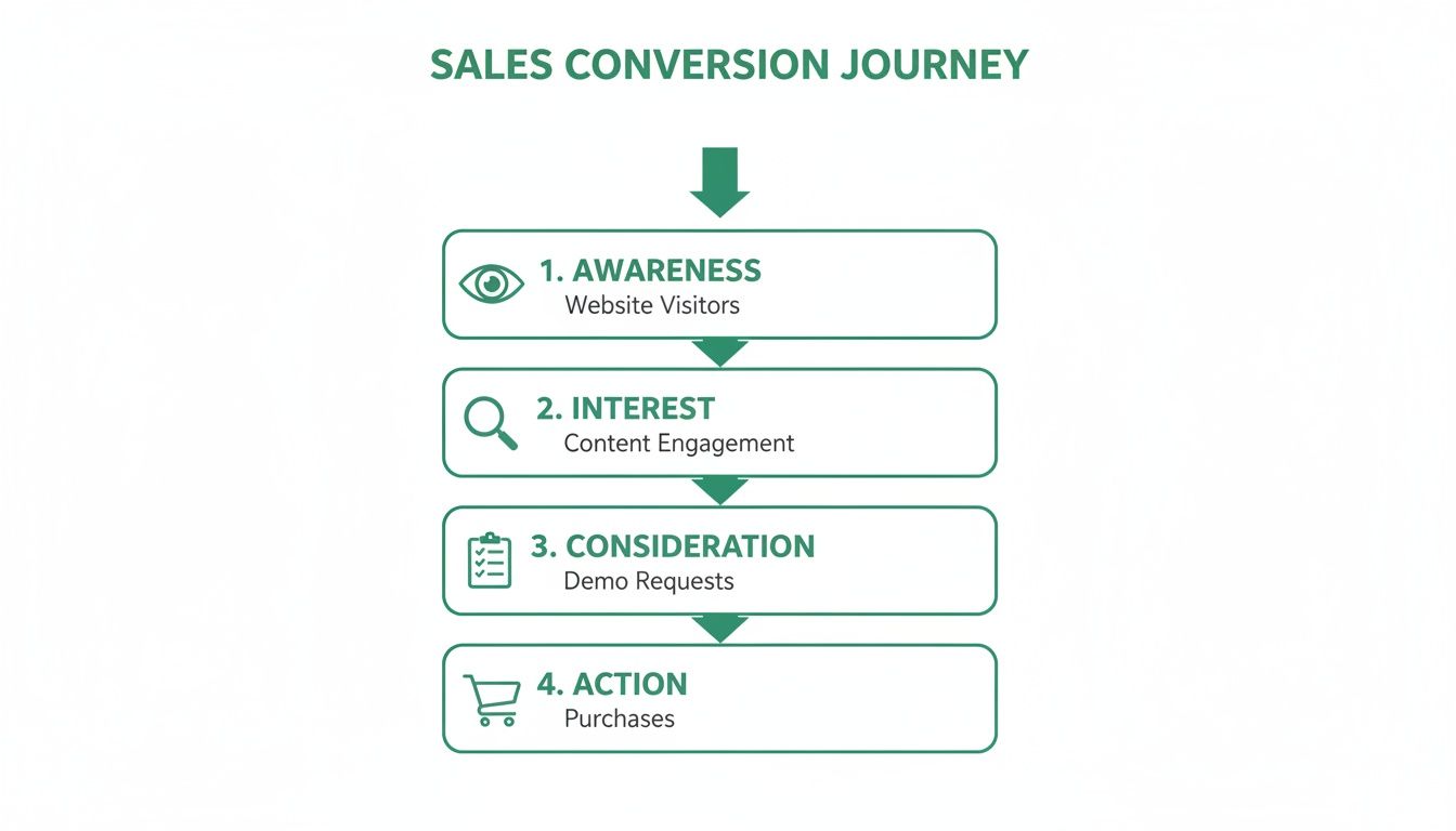 Sales conversion journey diagram showing four key stages: awareness, interest, consideration, and action.