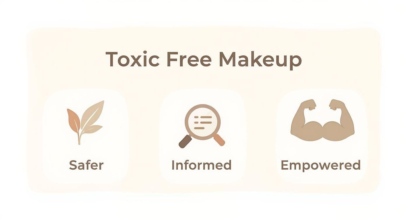 Infographic promoting toxic-free makeup with icons for safer, informed, and empowered benefits.