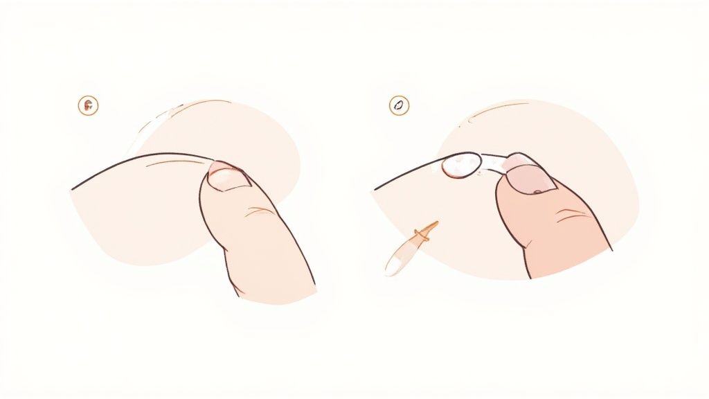Illustration shows two steps of applying vegan makeup primer to skin with fingers and applicator.